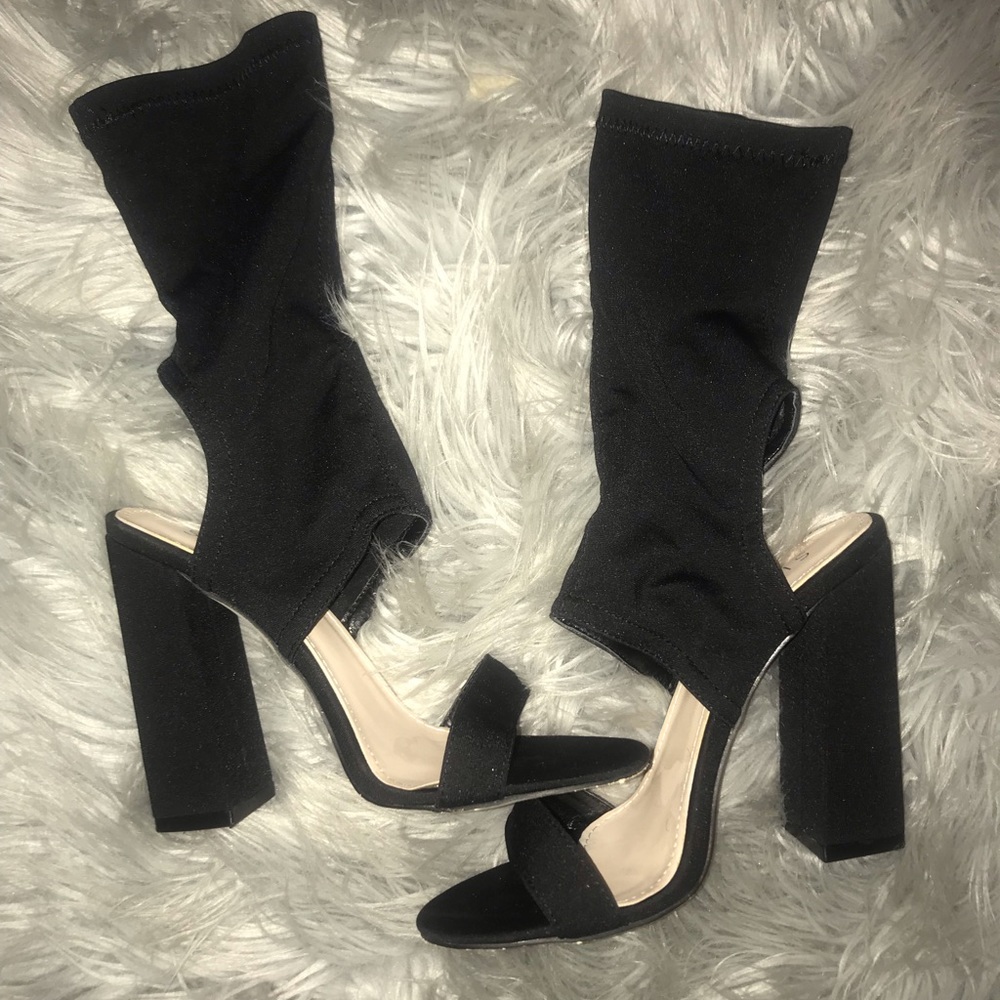 Black open toe sock heels